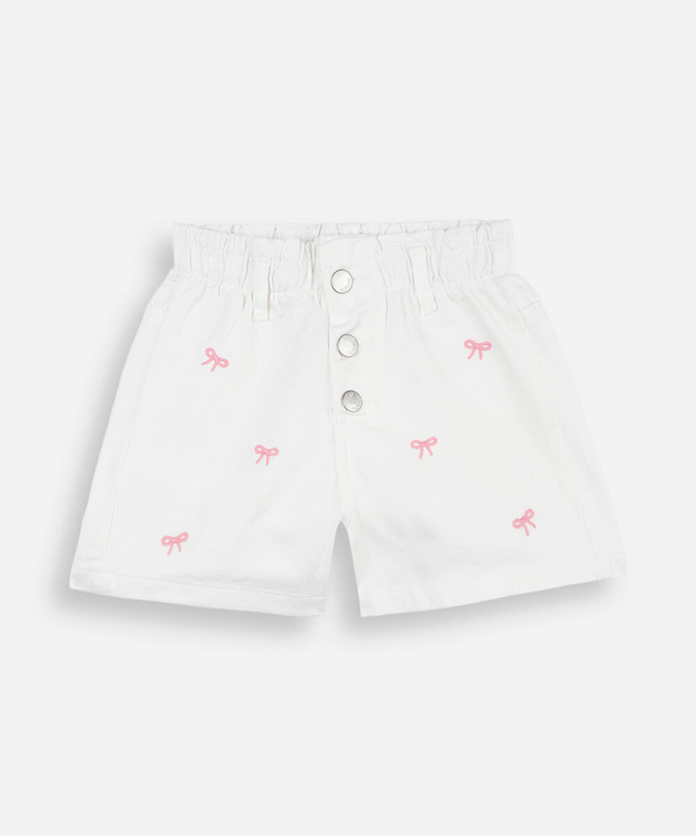short infantil de sarja cós elástico bordado laços off white