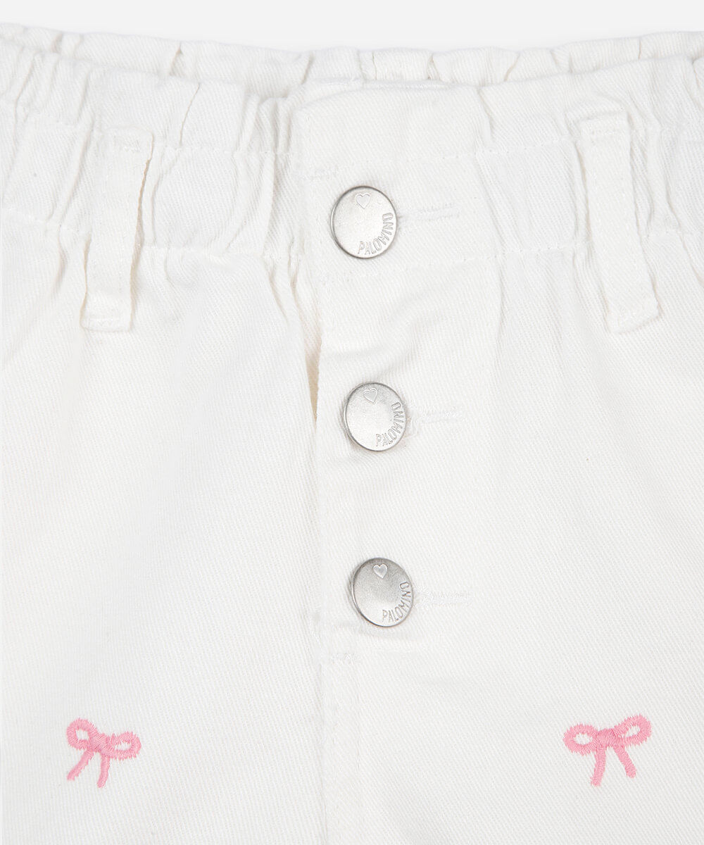 short infantil de sarja cós elástico bordado laços off white