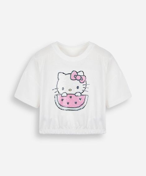 blusa cropped infantil de algodão manga curta com paetê hello kitty off white
