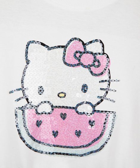 blusa cropped infantil de algodão manga curta com paetê hello kitty off white