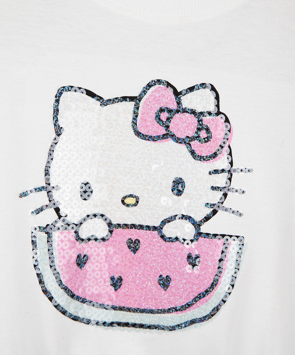 blusa cropped infantil de algodão manga curta com paetê hello kitty off white