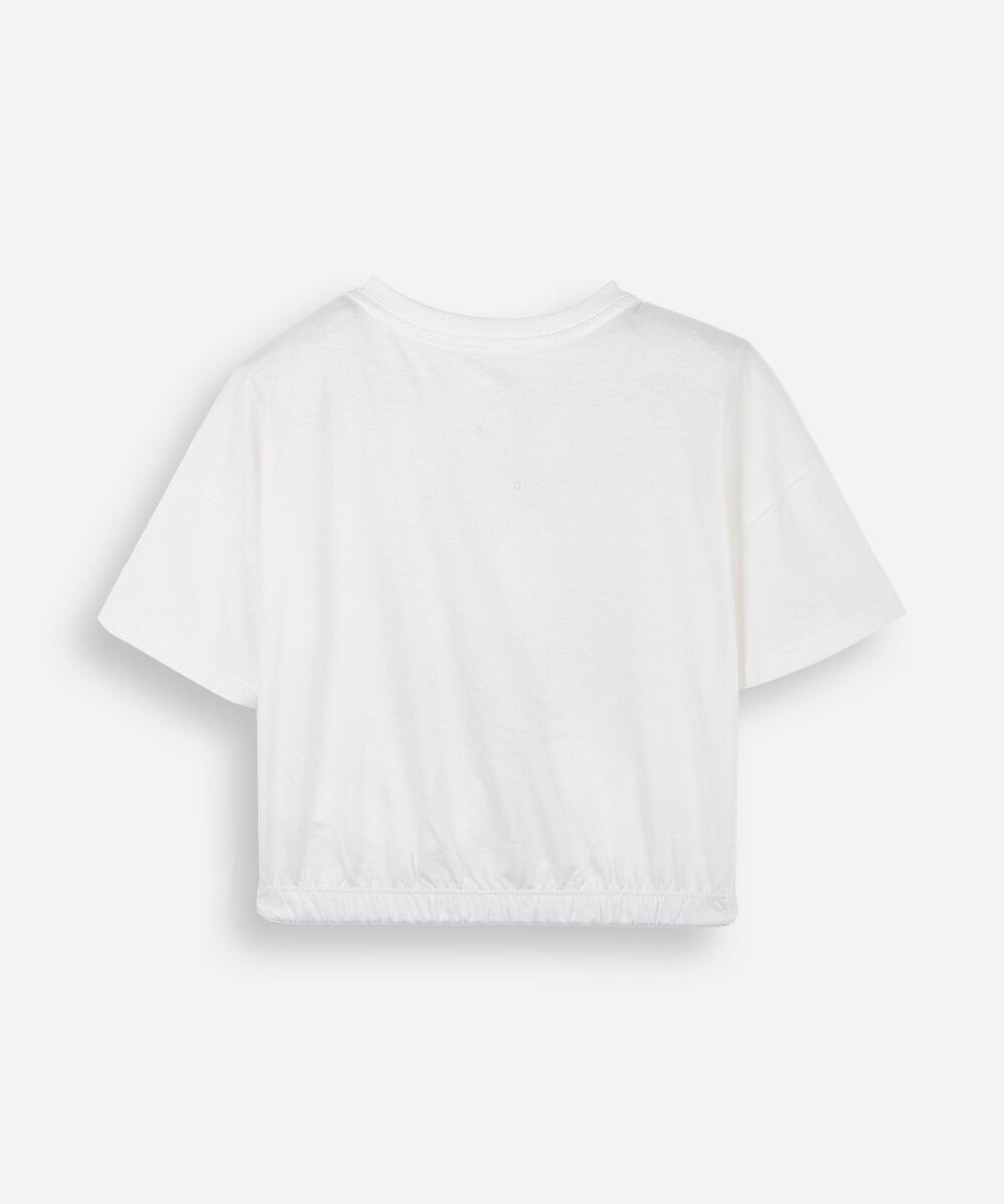 blusa cropped infantil de algodão manga curta com paetê hello kitty off white