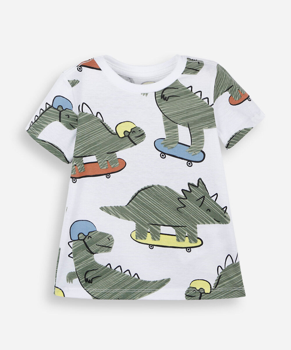 camiseta infantil de algodão manga curta dinossauros off white