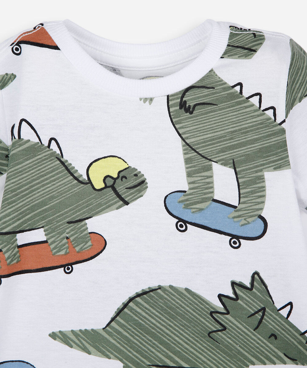 camiseta infantil de algodão manga curta dinossauros off white