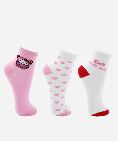 kit de 3 meias cano médio infantil hello kitty colorido