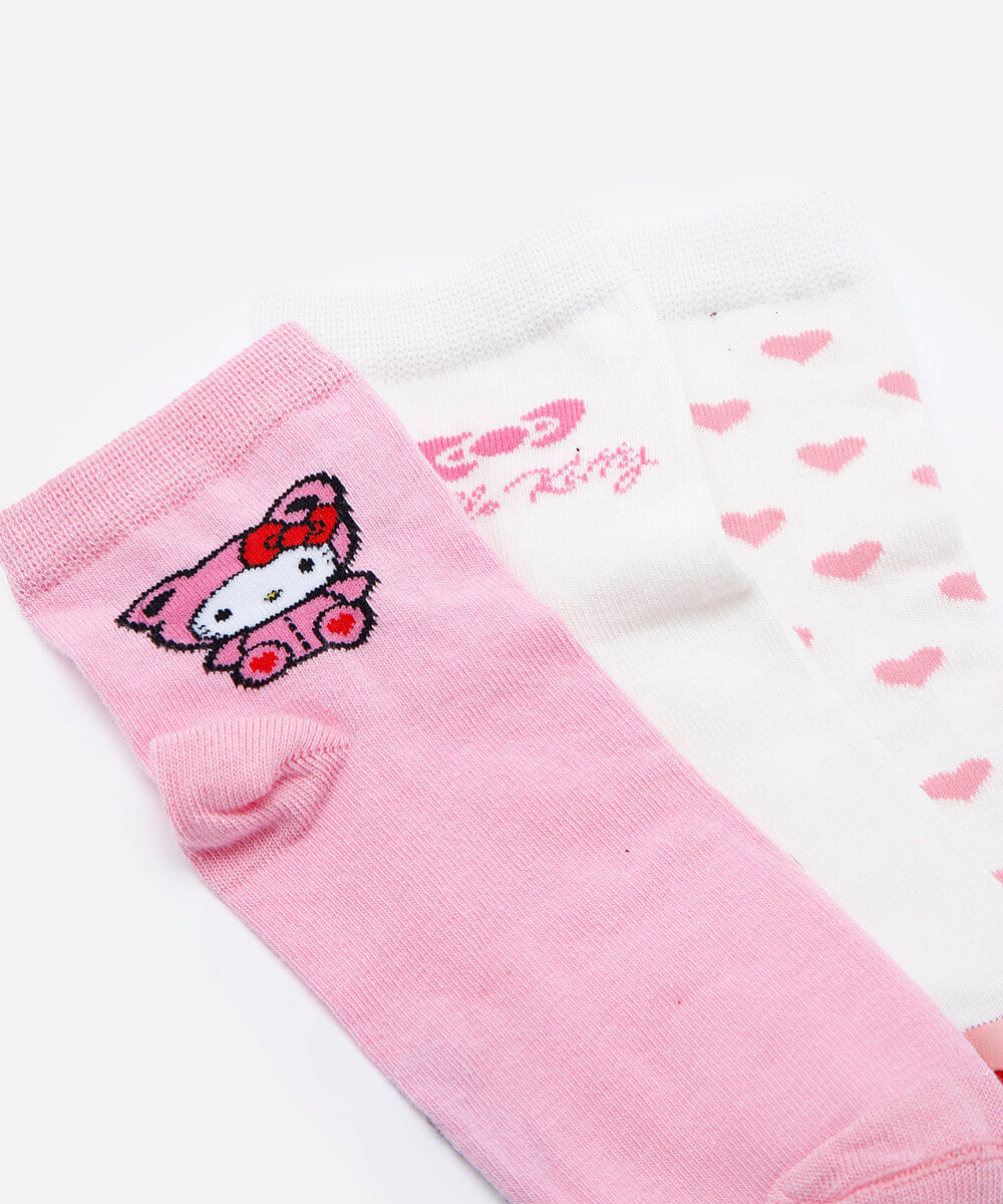 kit de 3 meias cano médio infantil hello kitty colorido