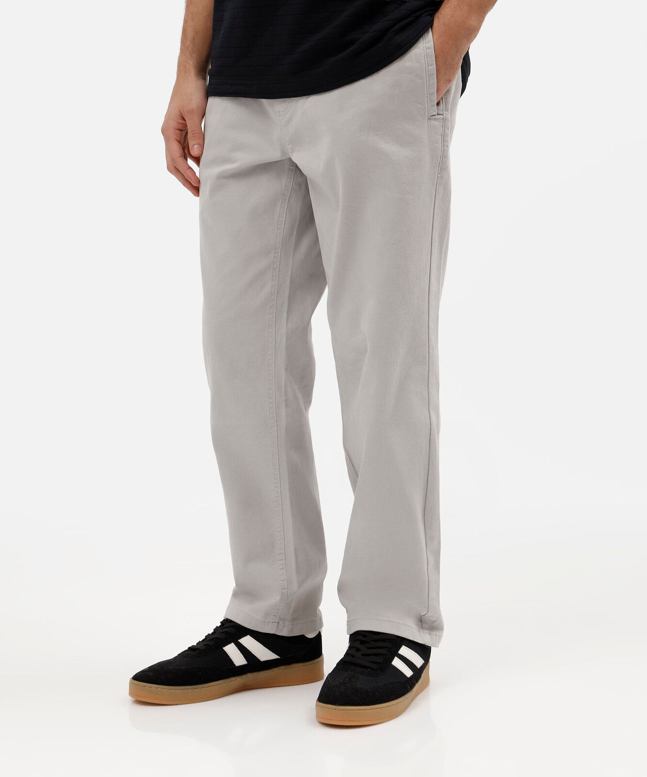 calça relaxed masculina de sarja cós elástico cinza