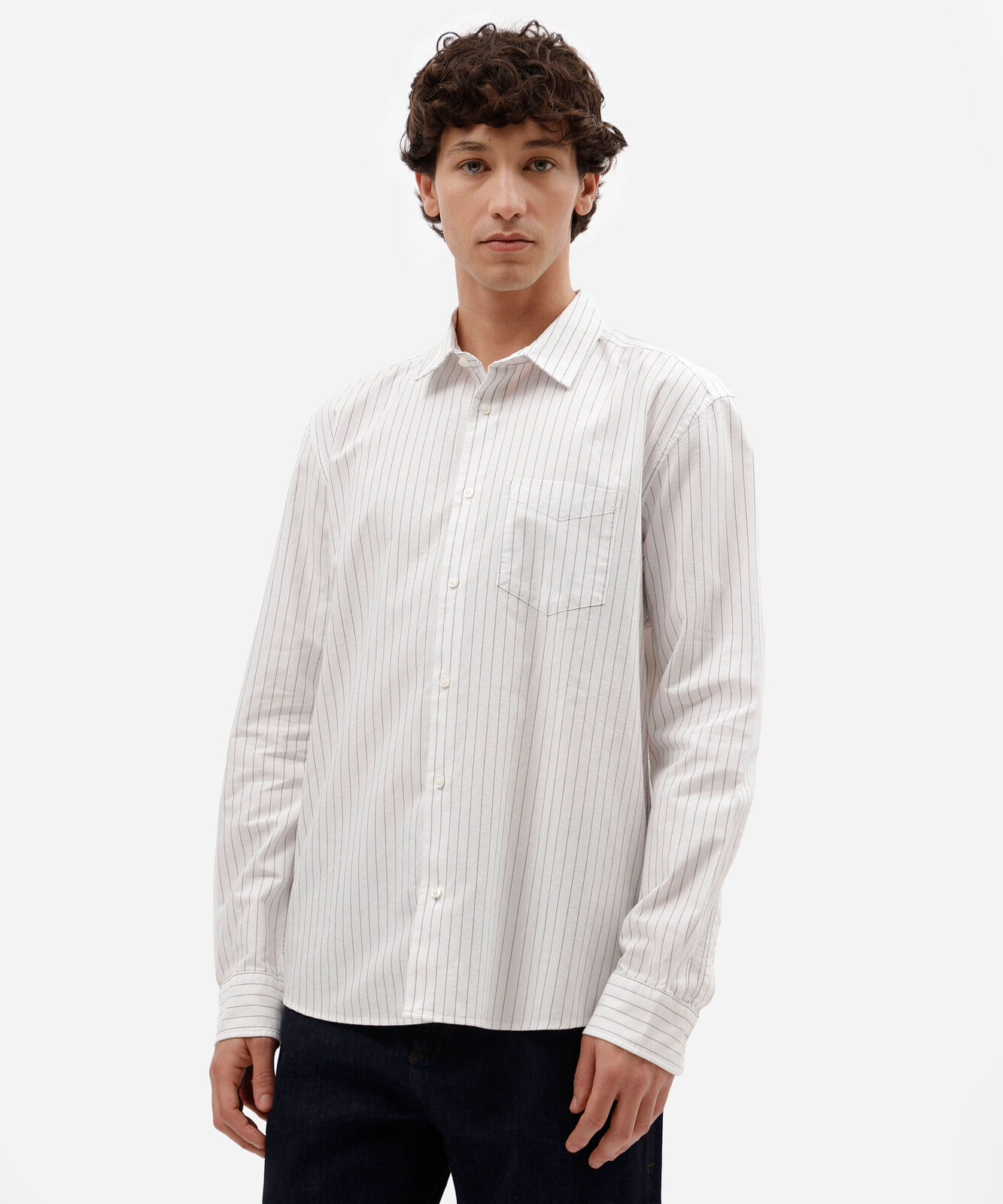 camisa masculina de algodão manga longa listrada bege