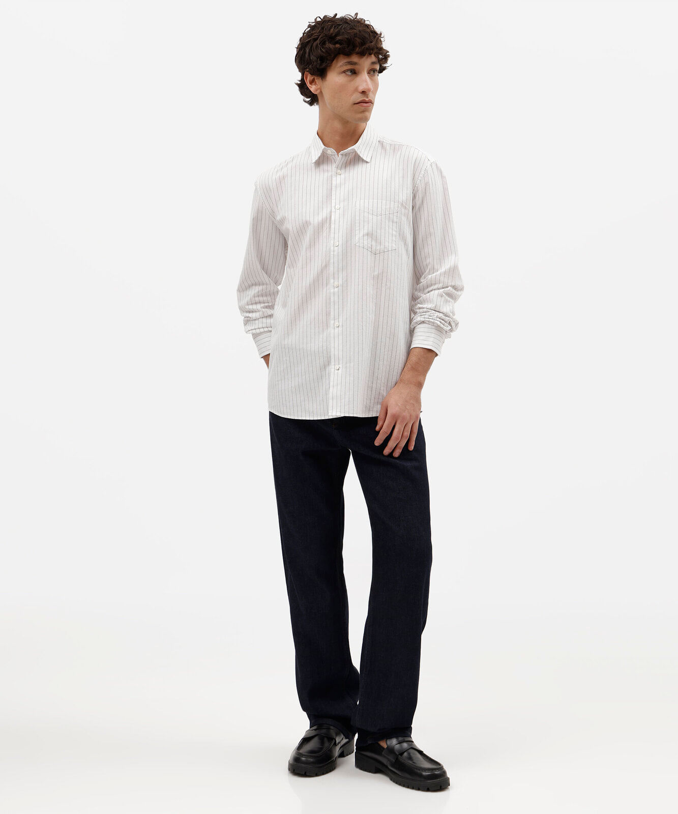 camisa masculina de algodão manga longa listrada bege