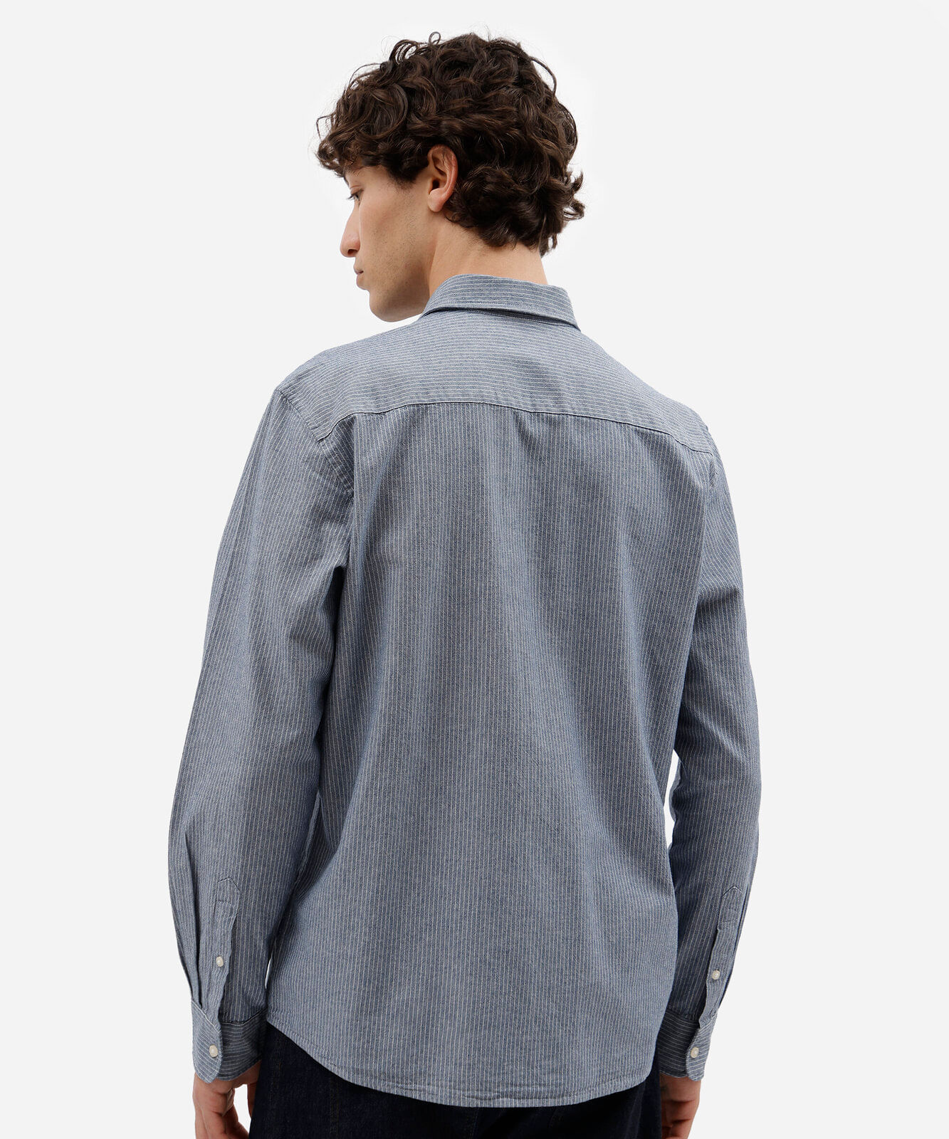 camisa masculina de algodão manga longa texturizada listrada azul
