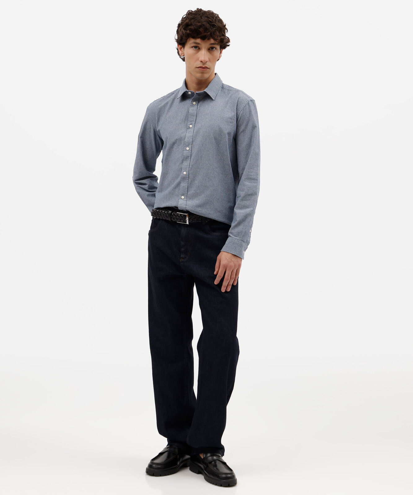 camisa masculina de algodão manga longa texturizada listrada azul