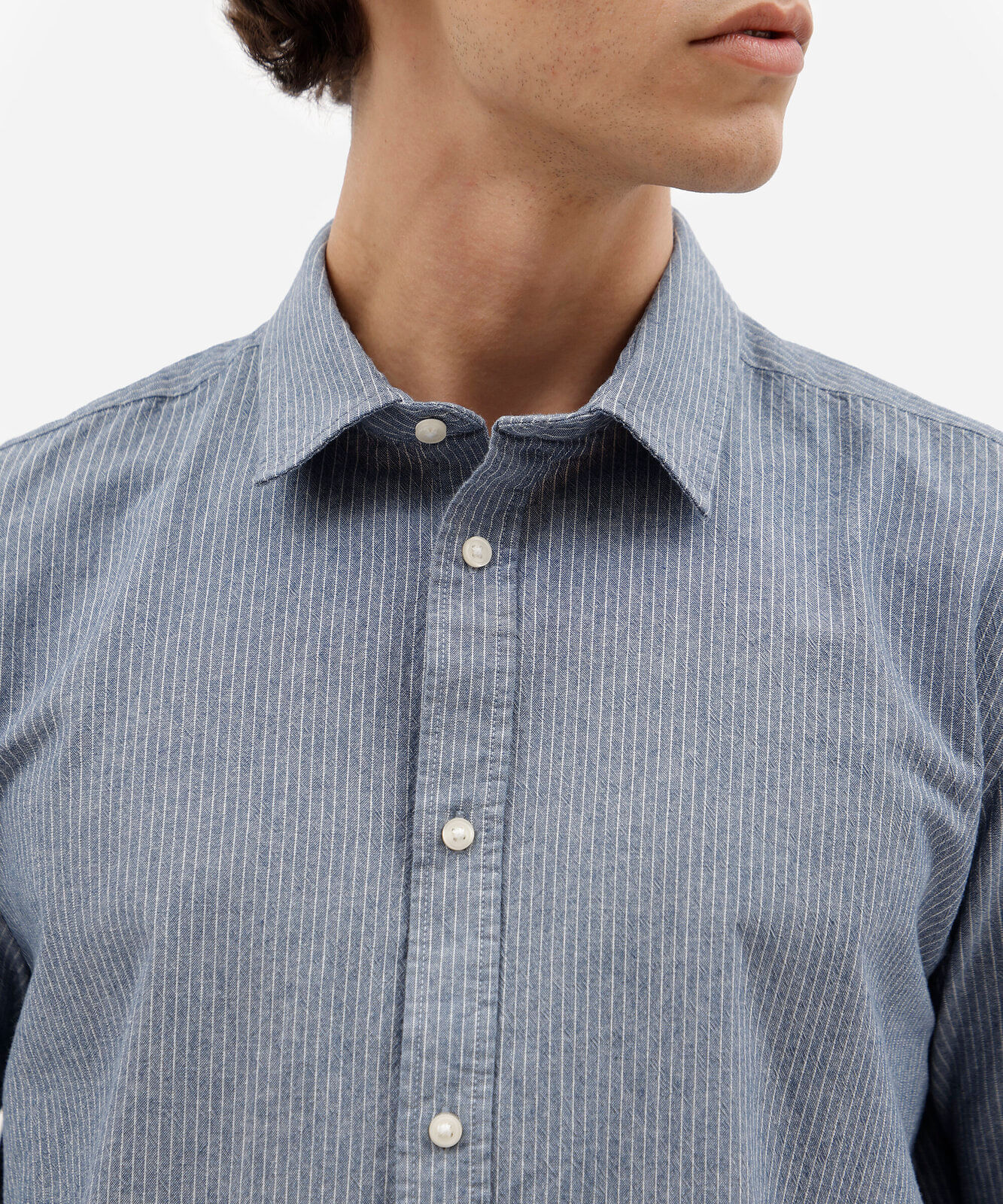 camisa masculina de algodão manga longa texturizada listrada azul