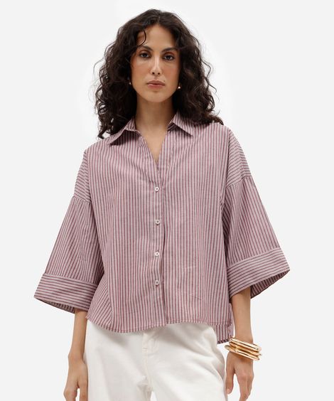 camisa oversized feminina de algodão decote v manga longa listrada vinho