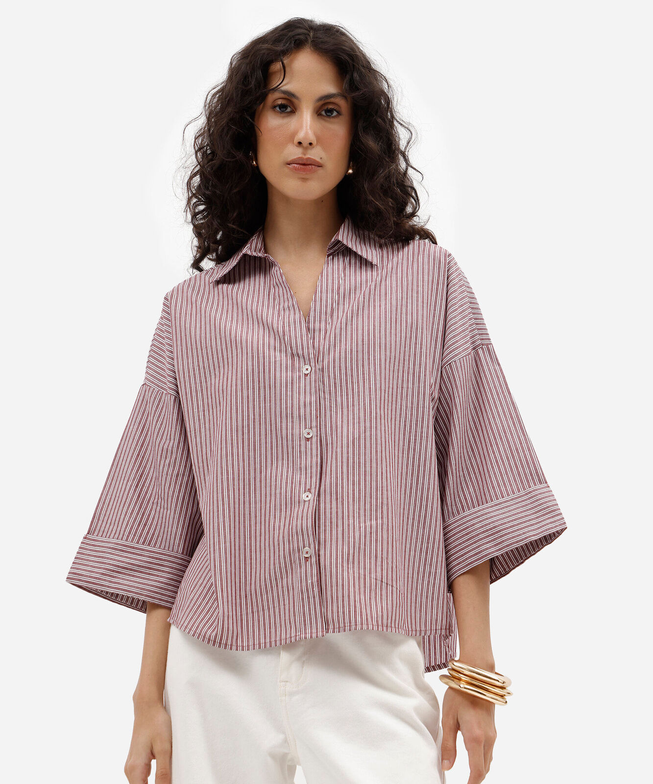 camisa oversized feminina de algodão decote v manga longa listrada vinho