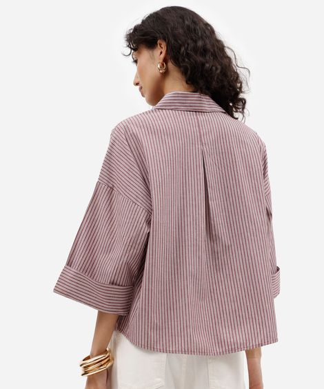 camisa oversized feminina de algodão decote v manga longa listrada vinho