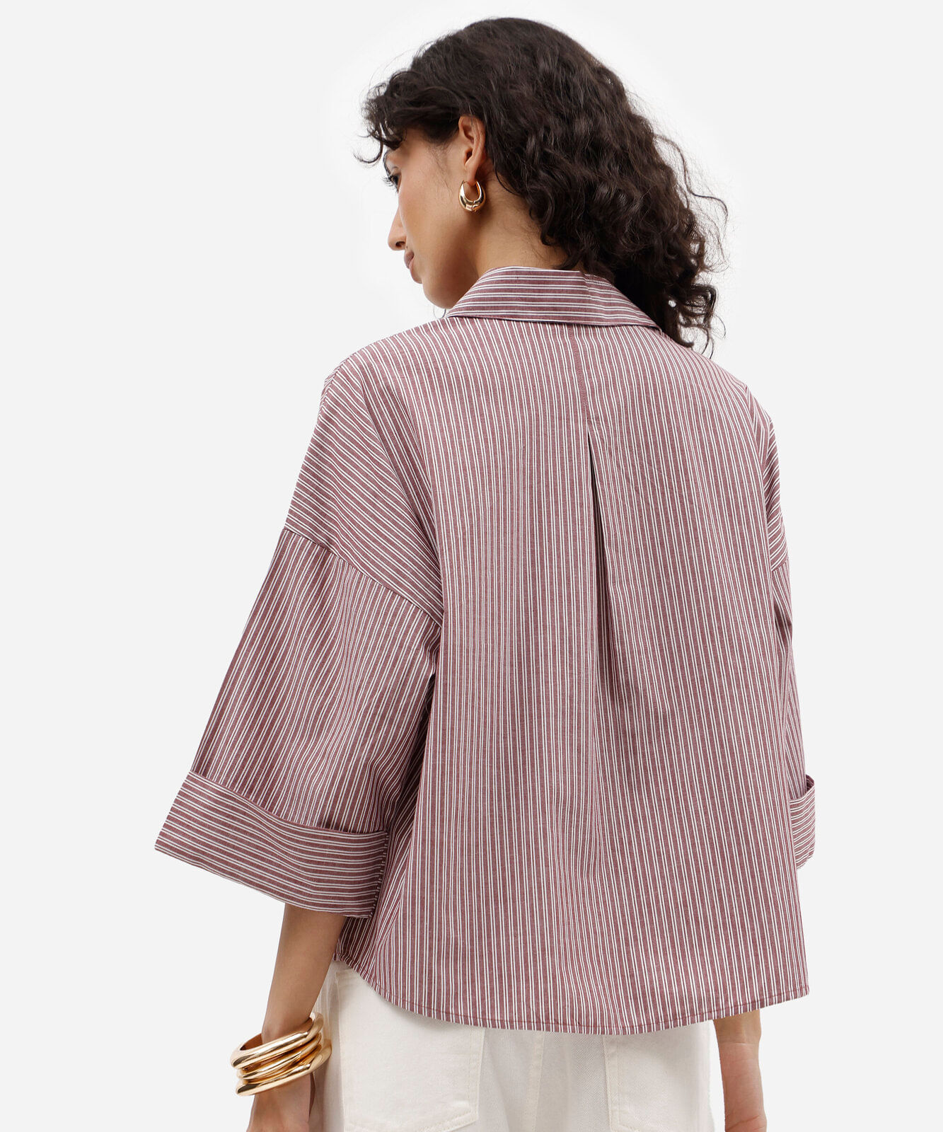 camisa oversized feminina de algodão decote v manga longa listrada vinho