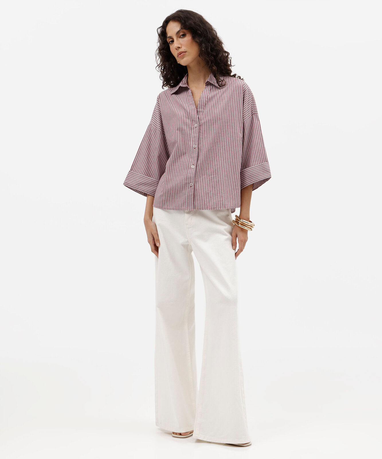 camisa oversized feminina de algodão decote v manga longa listrada vinho