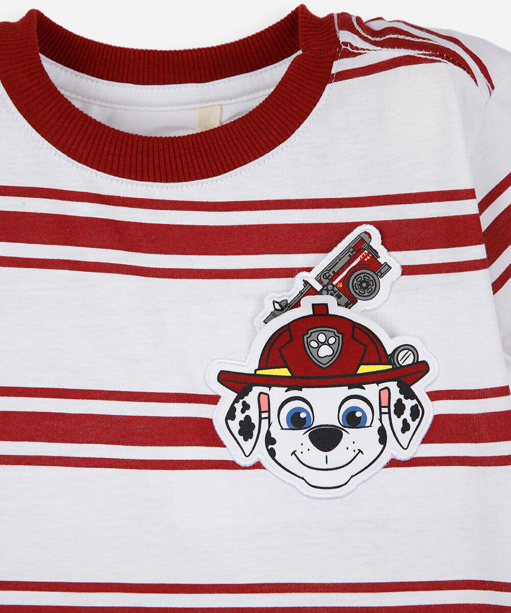 camiseta infantil de algodão manga curta patrulha canina listrada off white