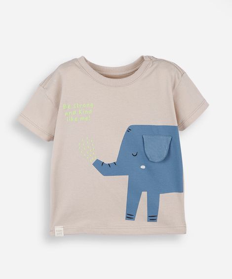camiseta infantil de algodão manga curta elefante bege