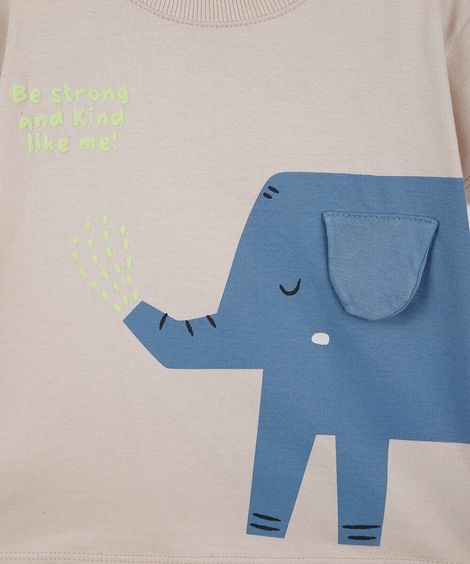 camiseta infantil de algodão manga curta elefante bege