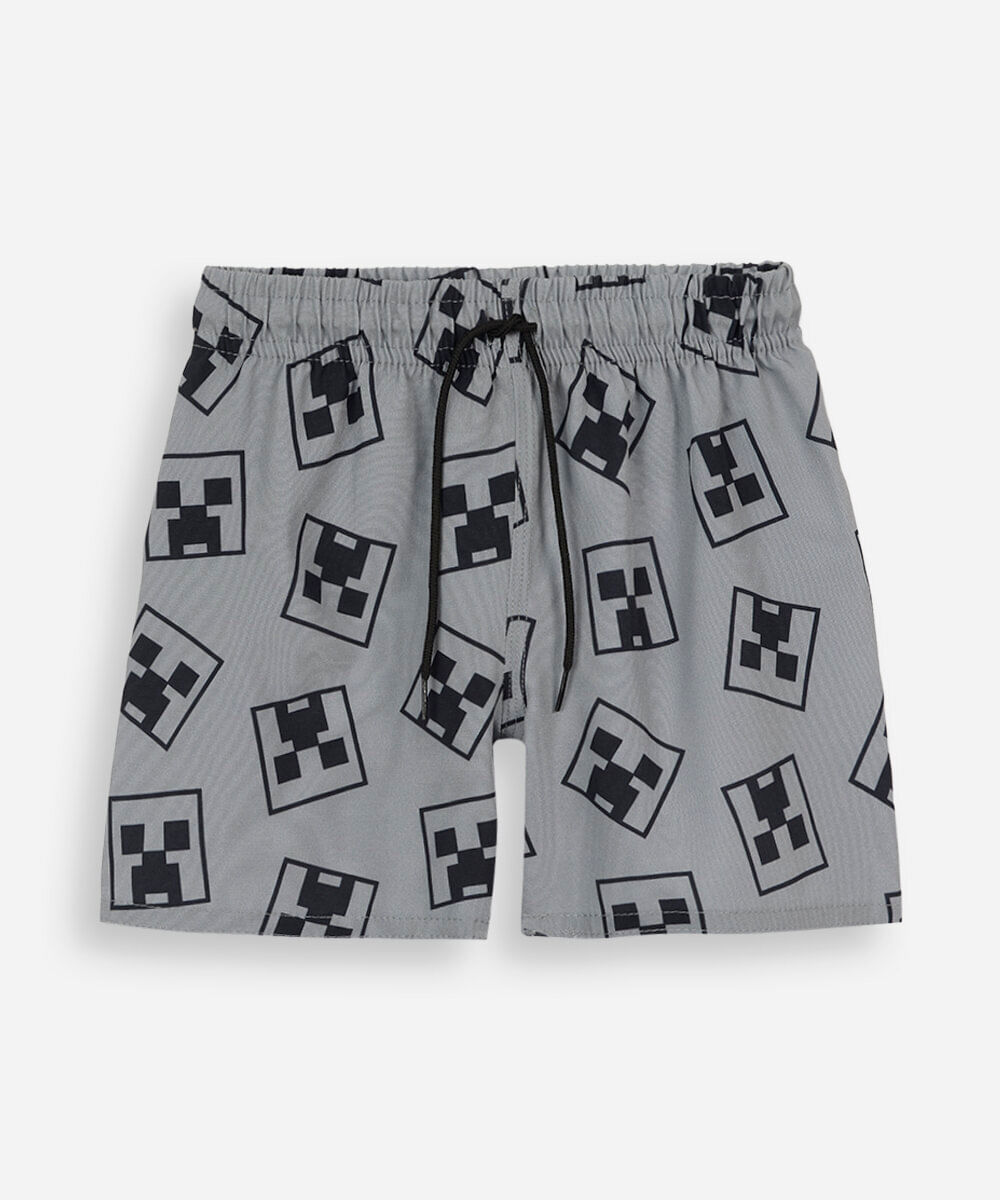 short boardshort infantil cós elástico minecraft cinza