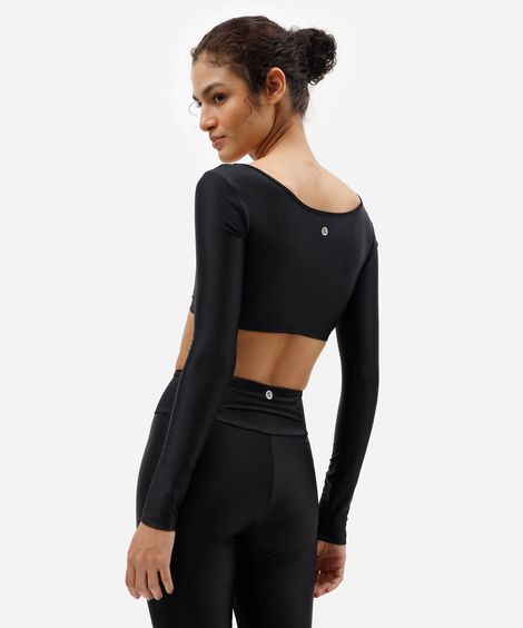 cropped esportivo feminino de poliamida decote quadrado manga longa preto