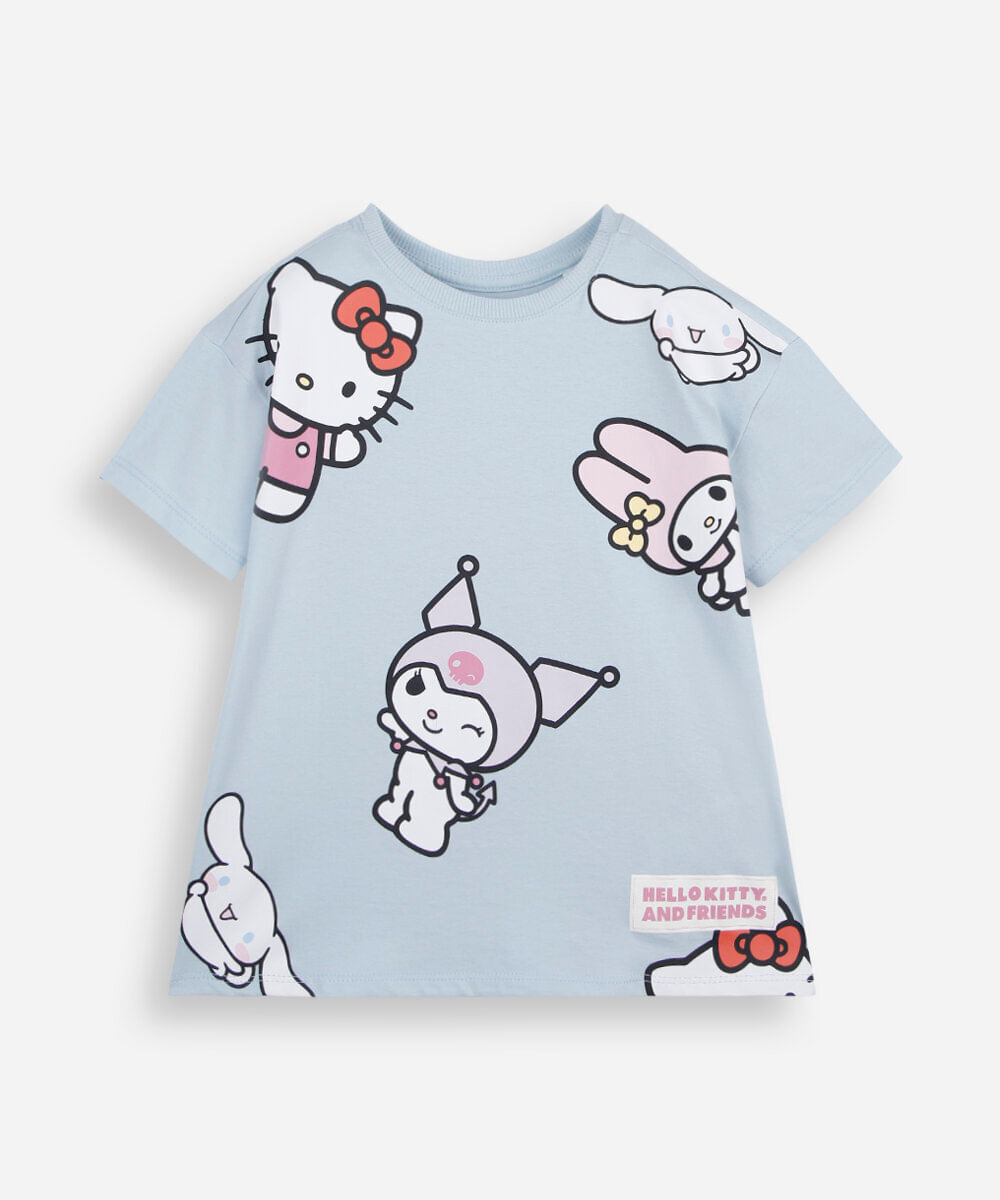 camiseta infantil de algodão manga curta hello kitty e amigos azul