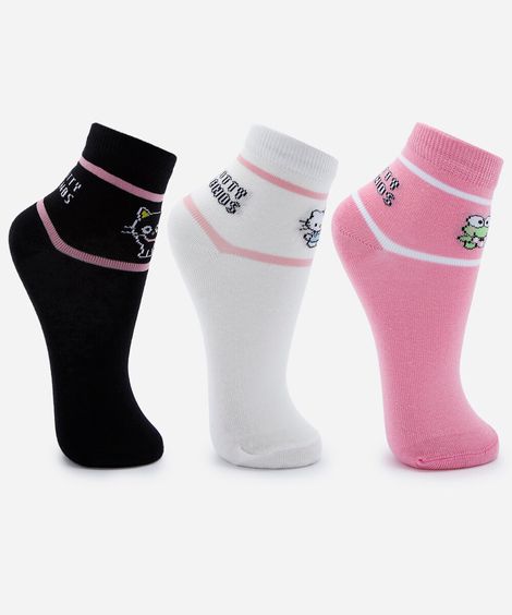 kit de 3 meias cano curto infantil hello kitty colorido