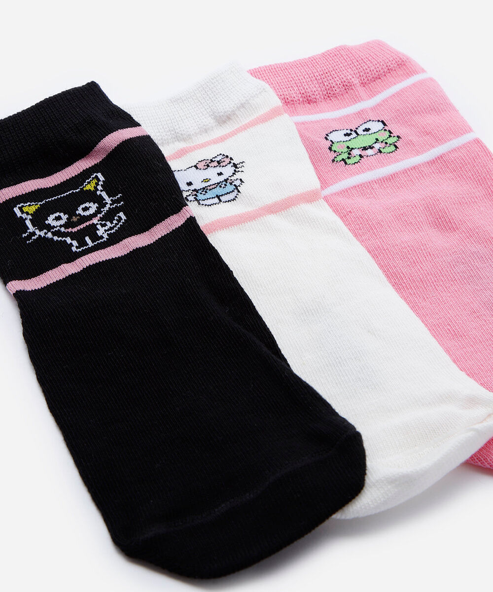 kit de 3 meias cano curto infantil hello kitty colorido