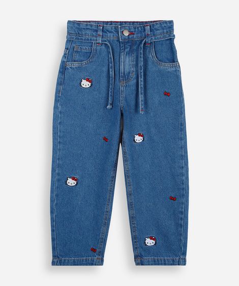 calça balloon infantil jeans com bordado hello kitty azul