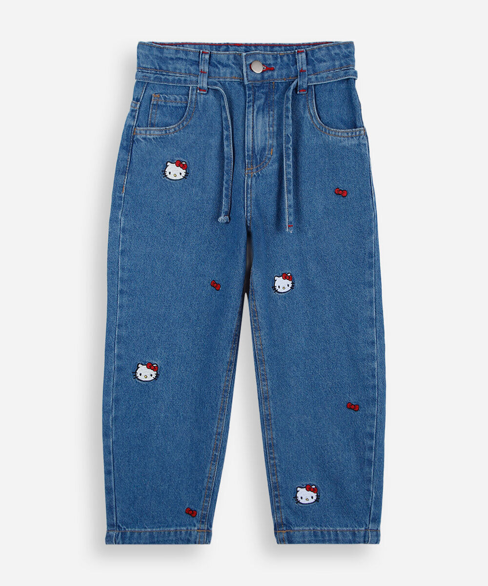 calça balloon infantil jeans com bordado hello kitty azul