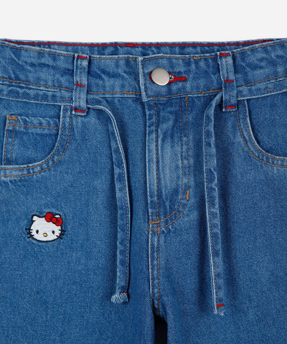 calça balloon infantil jeans com bordado hello kitty azul