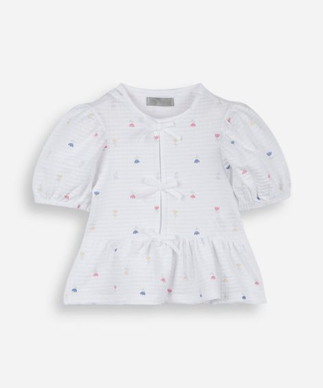 blusa peplum infantil de algodão manga curta com laços texturizada floral off white
