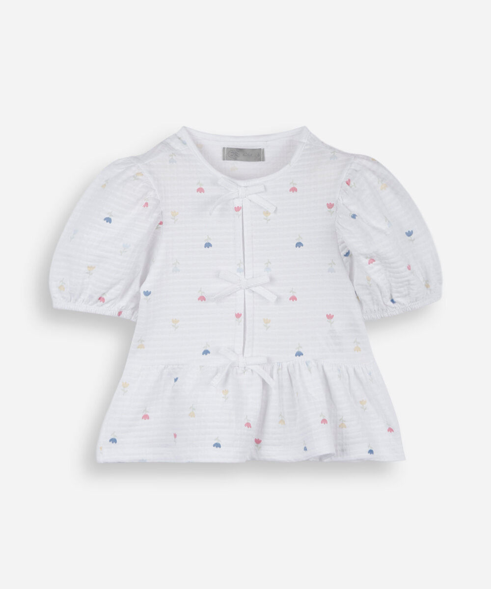 blusa peplum infantil de algodão manga curta com laços texturizada floral off white