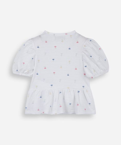 blusa peplum infantil de algodão manga curta com laços texturizada floral off white