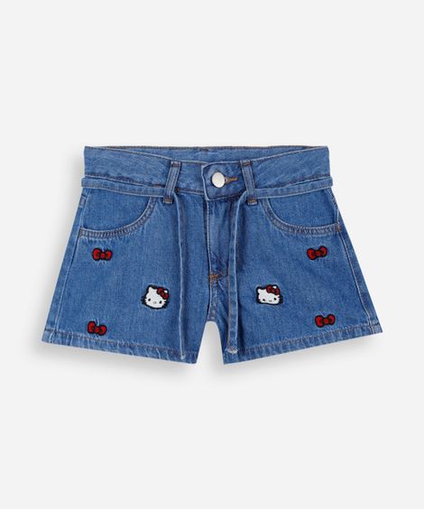 short mom infantil jeans com bordado hello kitty azul