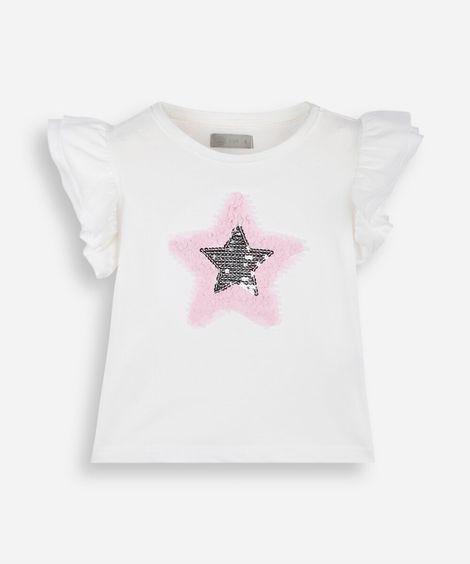 blusa infantil de algodão manga curta com bordado paetê off white