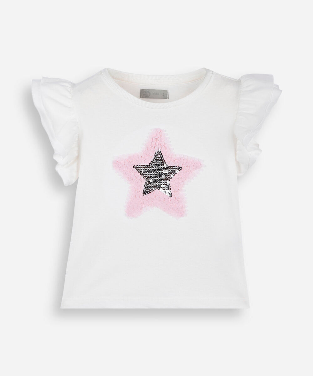 blusa infantil de algodão manga curta com bordado paetê off white