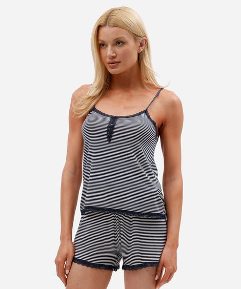 pijama short doll feminino de viscose listrado azul
