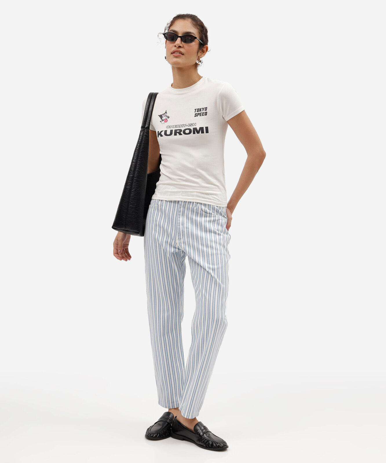 blusa baby look feminina de algodão manga curta kuromi off white