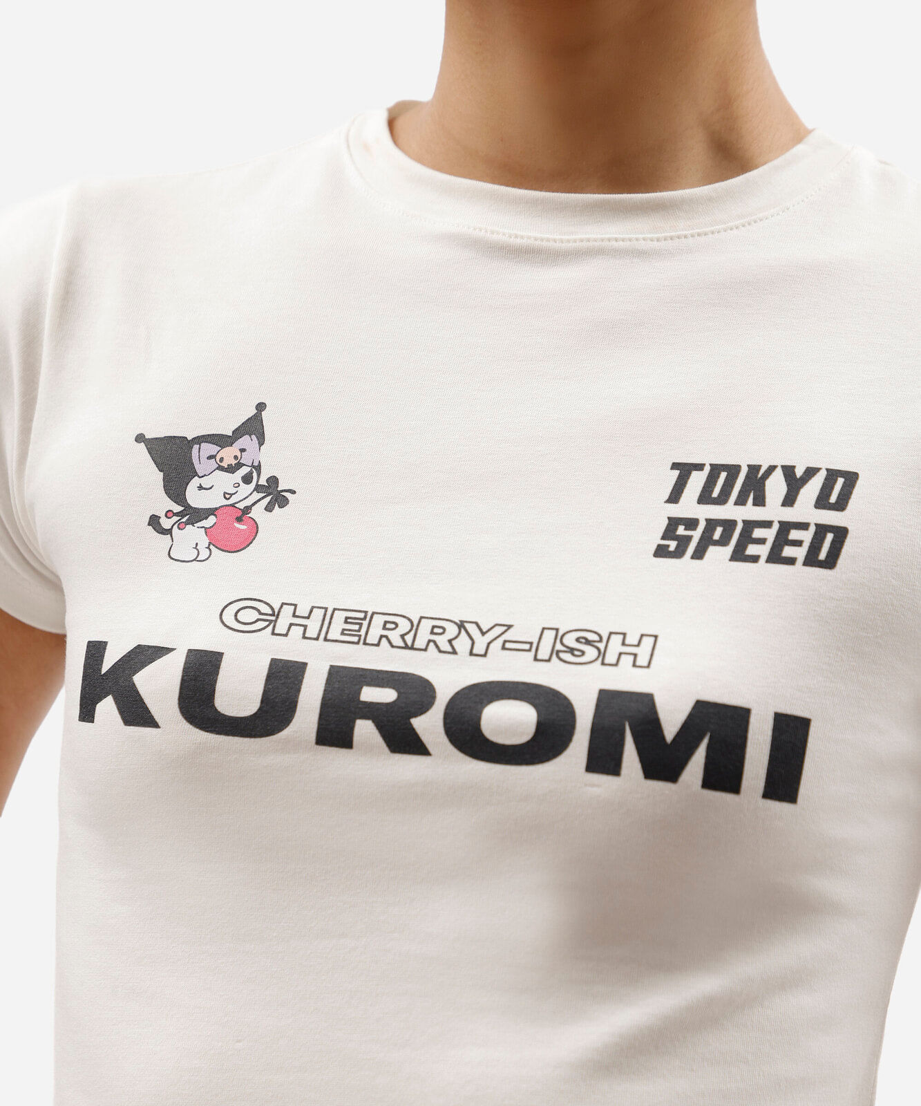 blusa baby look feminina de algodão manga curta kuromi off white
