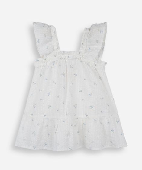 vestido infantil de algodão com babado e recorte floral off white