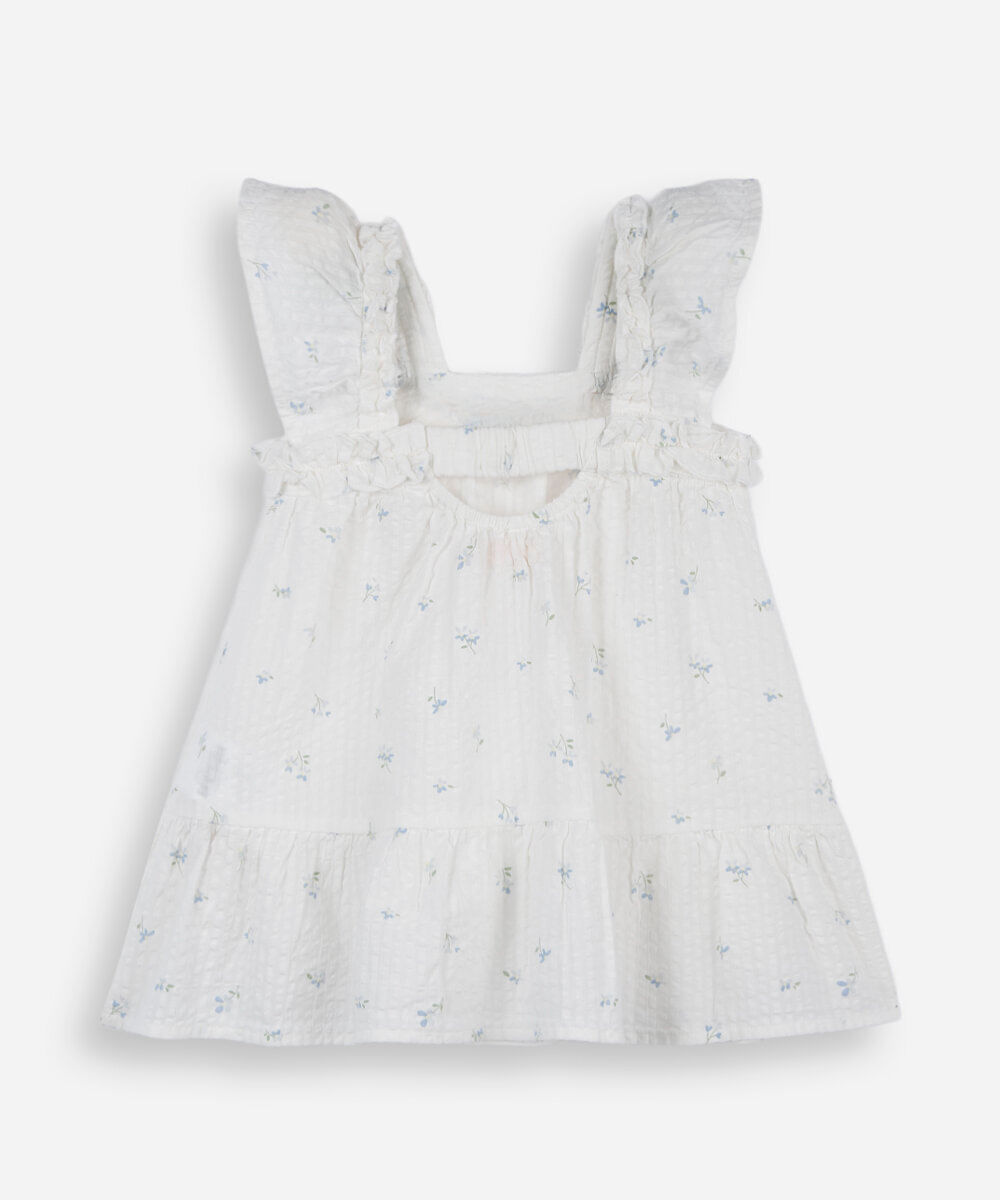 vestido infantil de algodão com babado e recorte floral off white