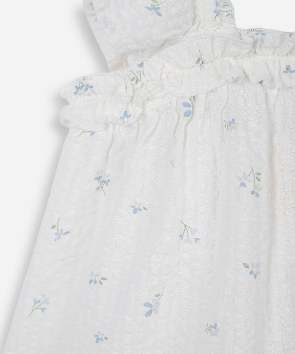 vestido infantil de algodão com babado e recorte floral off white