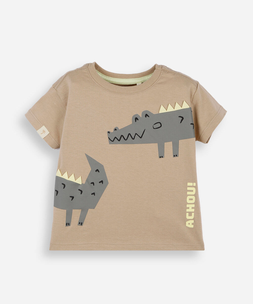 camiseta infantil de algodão manga curta jacaré bege