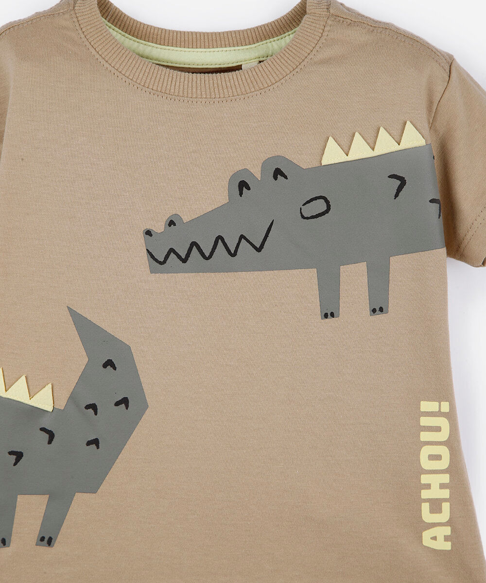 camiseta infantil de algodão manga curta jacaré bege