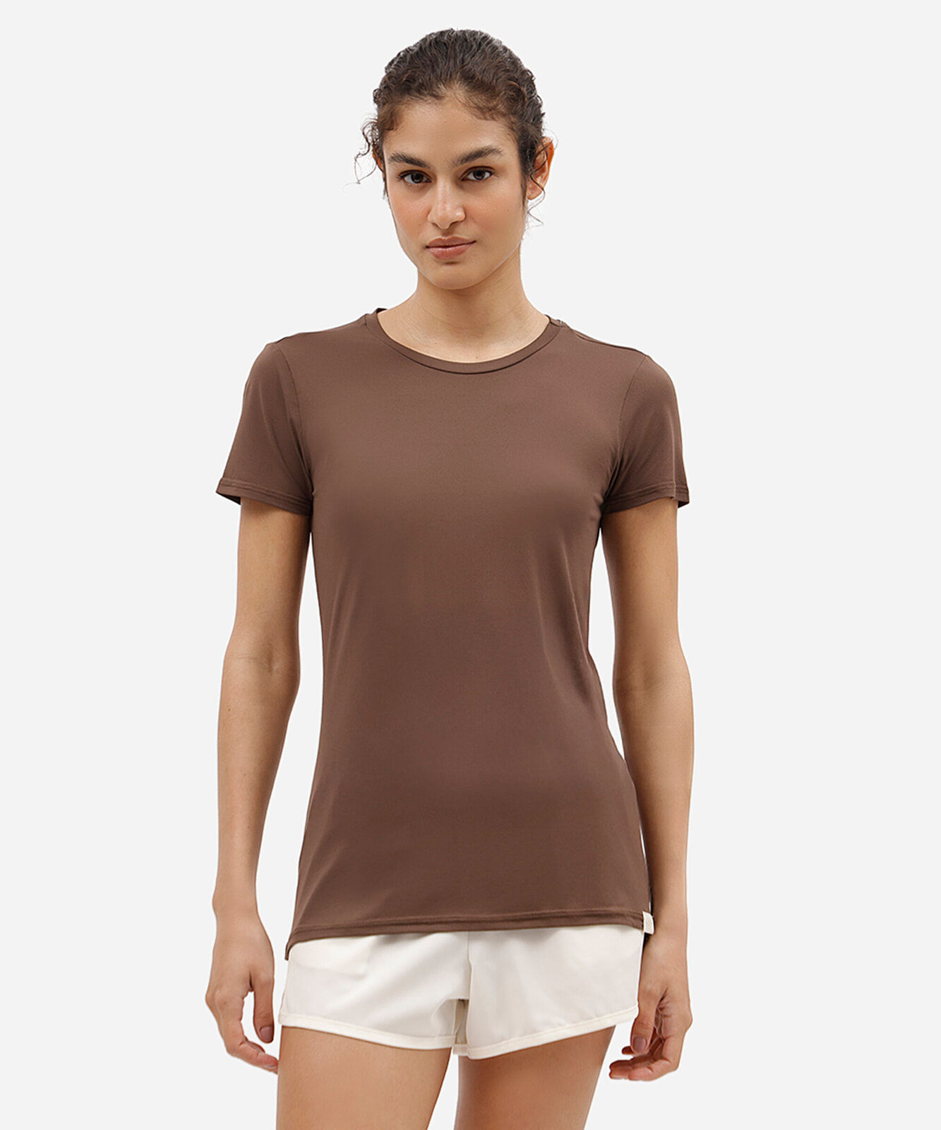 camiseta esportiva feminina de poliamida manga curta marrom