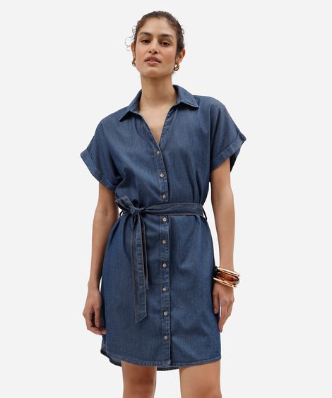vestido curto chemise feminino jeans com faixa azul