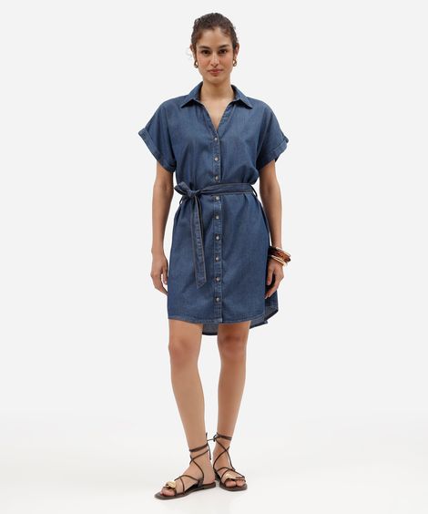 vestido curto chemise feminino jeans com faixa azul