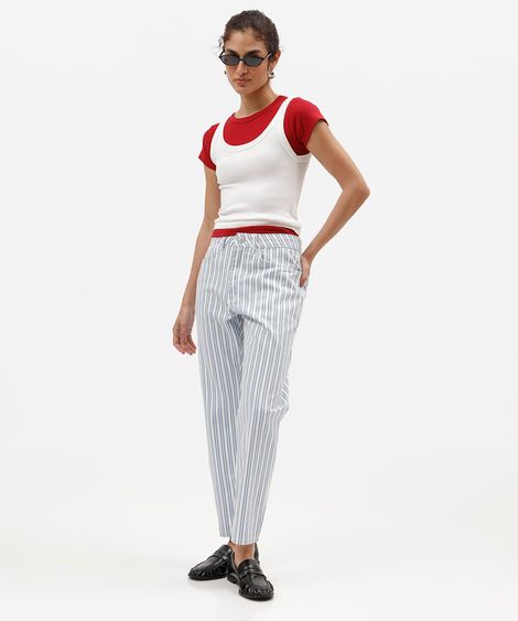 calça mom feminina de sarja cintura alta listrada off white